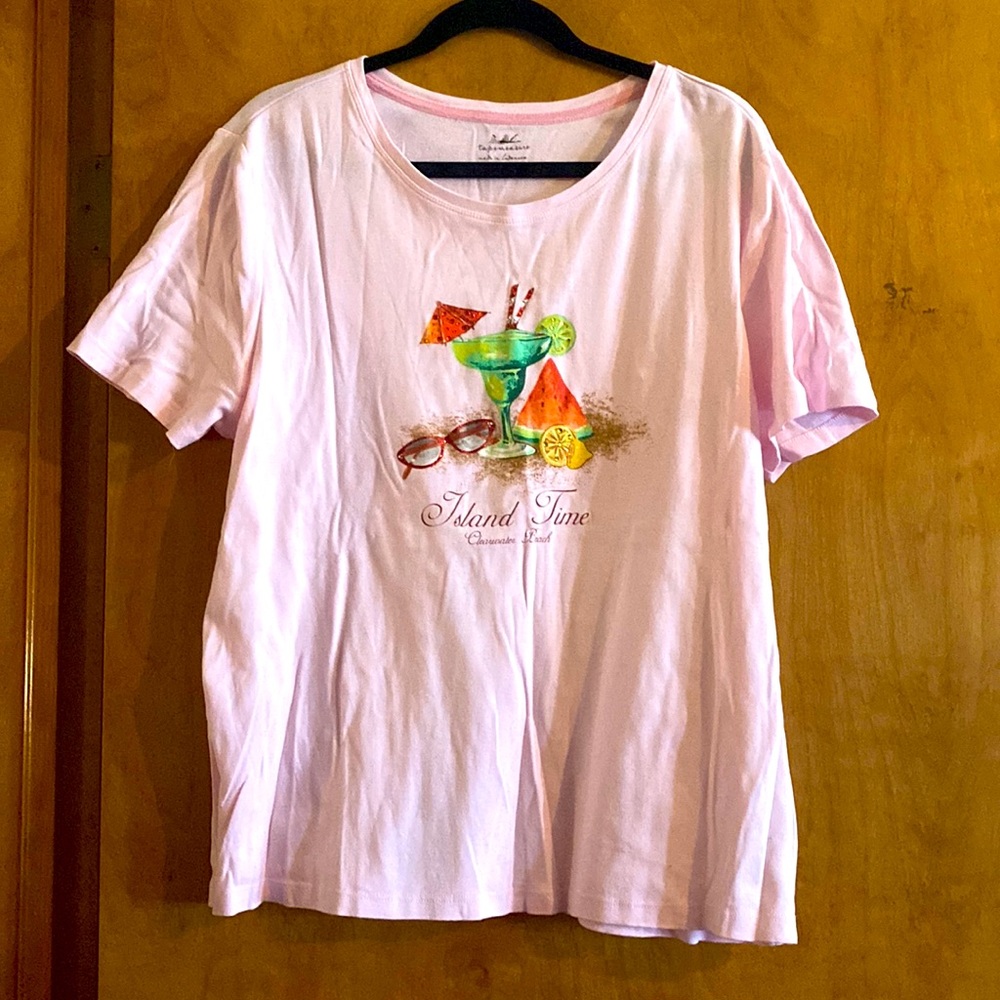 Tapemeasure, pink, Summer Island Time tshirt. Size 1X